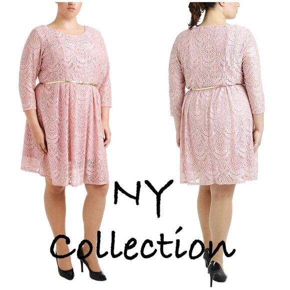 NY Collection Lace Overlay Dress with Contrasting Belt pink Size L - Picture 1 of 10